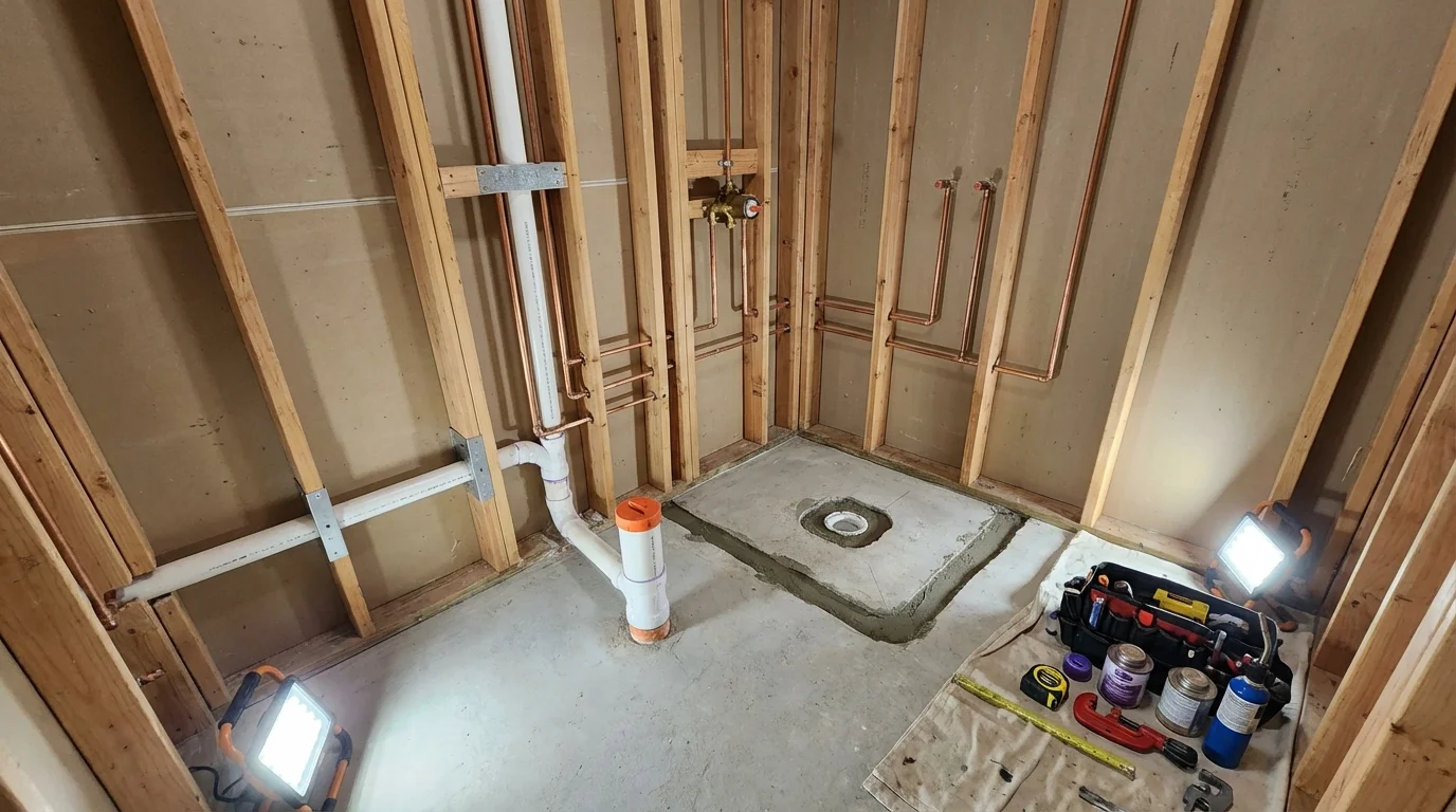 Bathroom rough-in plumbing during remodel by Johns Plumbing LLC in Pikesville
