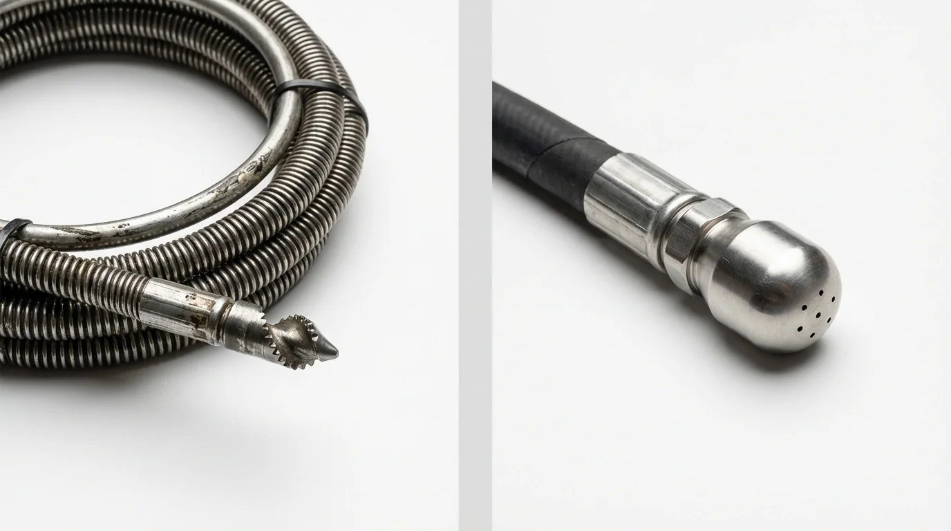 Drain snake cable and hydro jetting nozzle used for drain cleaning in Pikesville, MD