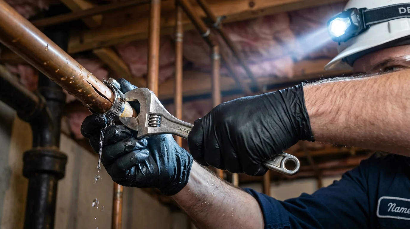 Emergency pipe clamp repair being performed by a Johns Plumbing LLC plumber in Pikesville