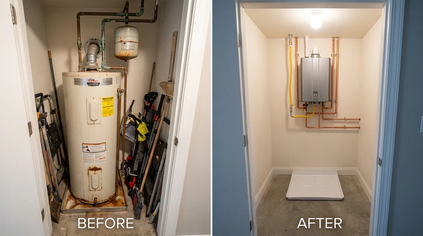 Tank water heater versus wall-mounted tankless unit comparison for Pikesville, MD homeowners