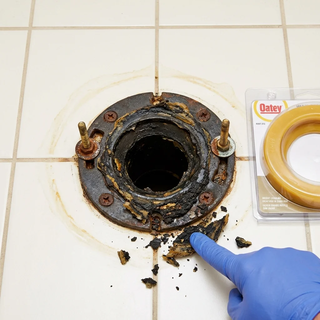 Failed wax ring showing water seepage at the base of a toilet in a Pikesville, MD home