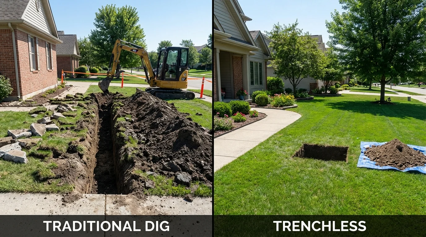 Trenchless sewer repair with minimal yard damage versus traditional excavation in Pikesville, MD