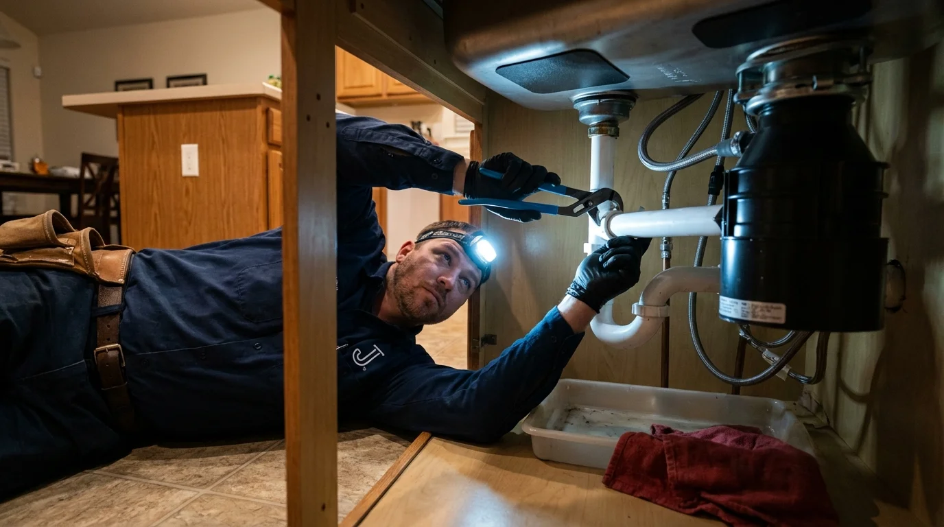 P-trap and supply line connections under a kitchen sink showing a common leak point in Pikesville, MD